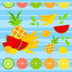 A set of colored isolated halves of appetizing fruit on a blue striped background. Lime, lemon, grapefruit, orange, kiwi, a bunch of bananas, pineapple. Simple flat vector illustration.