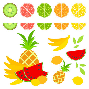 A set of colored insulated delicious fruits on a white background. Juicy, bright, delicious tropical food. Lime, lemon, grapefruit, orange, kiwi, banana, pineapple, watermelon. 