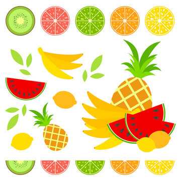 A set of colored isolated halves of mouth-watering fruits. Juicy, bright, delicious tropical food. Lime, lemon, grapefruit, orange, kiwi, a bunch of bananas, ineapple. Simple flat vector illustration.