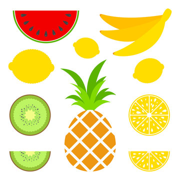 A set of colored insulated delicious fruits on a white background. Juicy, bright, delicious tropical food. Lemon, kiwi, banana, pineapple, watermelon. Simple flat vector illustration. 