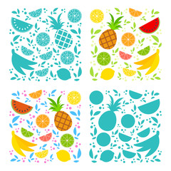 Four sets of isolated appetizing fruits on a white background. Different colors. Juicy, bright, delicious tropical food. Lemon, kiwi, banana, pineapple, watermelon, grapefruit, lime. 