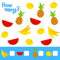 Counting game for preschool children. The study of mathematics numbers. How many fruits in the picture. Banana, lemon, pineapple, watermelon. Simple flat isolated vector illustration.