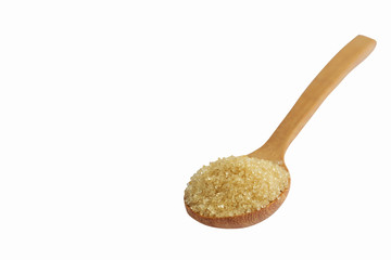 Natural brown sugar or no bleach sugar on wooden spoon on white isolated background with clipping paths in side view. Sweet seasoning for good health. Ingredient prepared for cooking or bakery