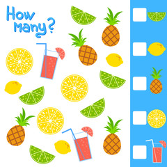 Counting game for preschool children. How many items in the picture. Fruits pineapple, lemon, lime and juice. Simple flat isolated vector illustration on white background.
