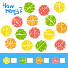 Obraz premium Counting game for preschool children for the development of mathematical abilities. How many fruits lemon, orange, grapefruit, lime . Simple flat isolated vector illustration.