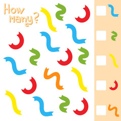 Game for preschool children. Count as many ribbons of different colors in the picture and write down the result. With a place for answers. Simple flat isolated vector illustration.