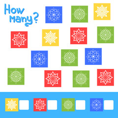 Game for preschool children. Count as many squares with silhouettes of colors in the picture and write down the result. With a place for answers. Simple flat isolated vector illustration.