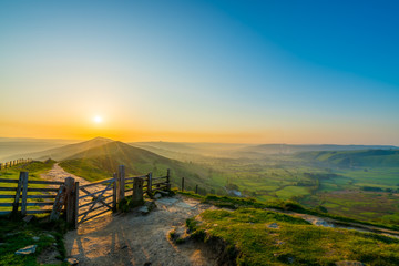 Beautiful sunrise near the Great Ridge at Mam Tor. Peak District. UK