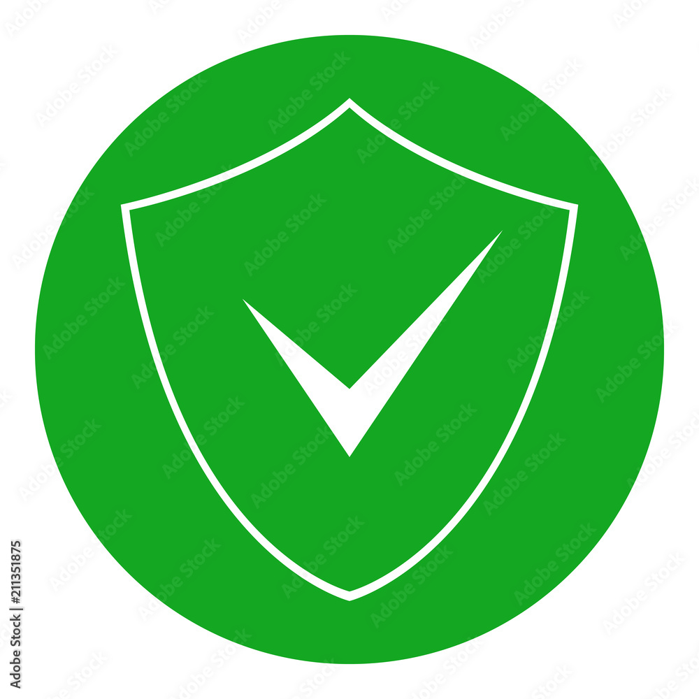 Wall mural Green shield and check mark in circle. Protection symbol. Vector icon.