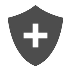 Black shield and white cross. Health protection symbol. Vector icon.