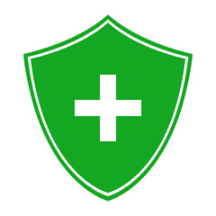 Green shield and white cross. Antibacterial symbol. Vector icon.