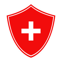 Red shield and white cross. Medical care symbol. Vector icon.