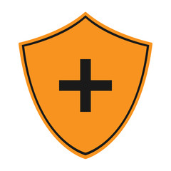 Fototapeta premium Yellow shield and black cross. First aid kit symbol. Vector icon.