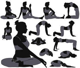 Silhouettes of slim girl in costume practicing yoga.