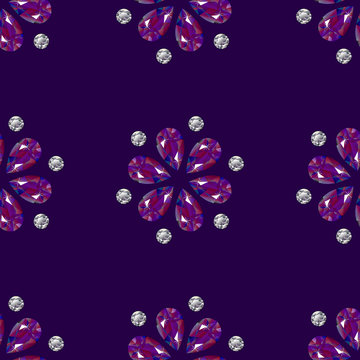 Flowers from precious stones. Seamless Pattern. Jewelry. Purple background