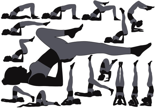 Icons of woman in different unturned yoga poses.