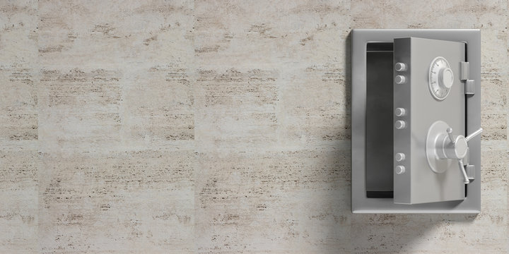 Safety vault isolated with open door and copy space on a marble wall background. 3d illustration.