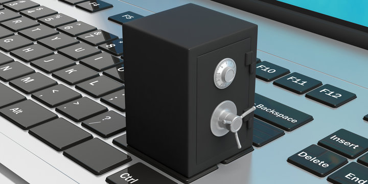 Laptop combination lock safe, isolated, keyboard background. 3d illustration.