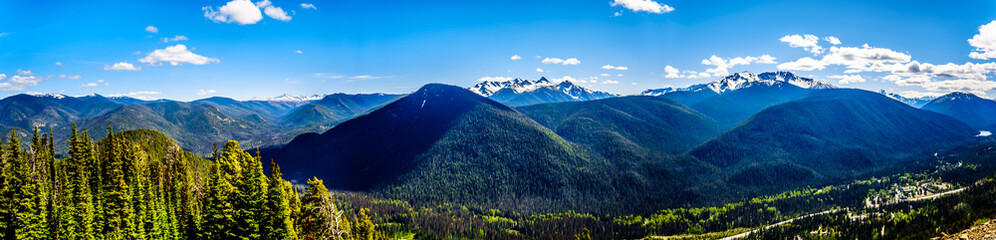 Panorama view of the Rugged Peaks of the Cascade Mountain Range on the US-Canada border as seen from the Cascade Lookout viewpoint in EC Manning Provincial Park in British Columbia, Canada
