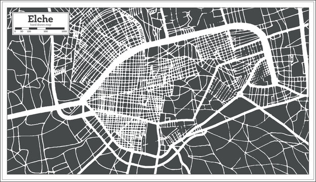 Elche Spain City Map in Retro Style. Outline Map.