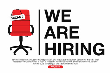 Business hiring and recruiting concept. We are hiring, banner concept, vacant position. Empty office chair with vacant sign isolated on white background