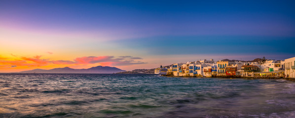 Beautiful sunset panorama of Little Venice and coastline of Mykonos Island, Greece