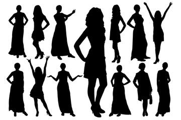 Set of silhouettes of beautiful model girls in different poses. Vector