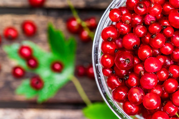 Ripe redcurrant in glass bowl close