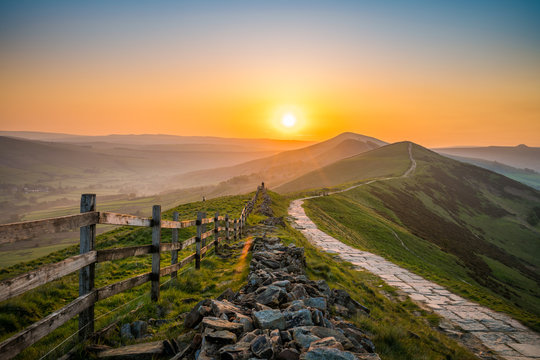 Sunrise of The Great Ridge at Mam Tor hill in Peak District