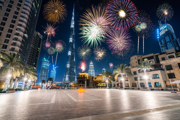 Fireworks display at town square of Dubai downtown