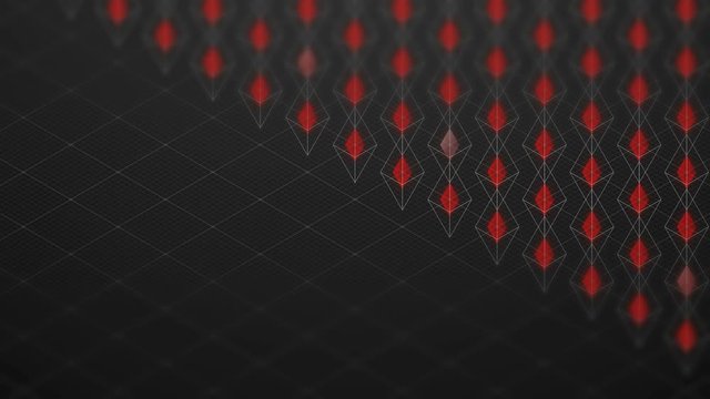 Abstract 3D isometric virtual wireframe octahedron and red core with square mesh pattern illustration, Blockchain technology concept design on black background, seamless looping animation 4K