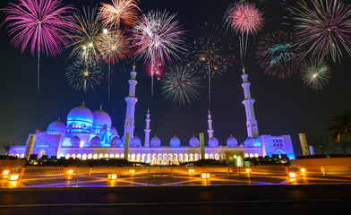 New Year fireworks display at Sheikh Zayed White Mosque in Abu Dhabi, UAE