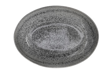 Oval Gray Ceramic Plate Isolated on White Top View