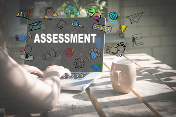 Assessment concept. Job with computer outdoors by wooden table at country, work from home concept,...