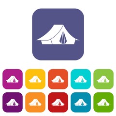 Camping tent icons set vector illustration in flat style in colors red, blue, green, and other