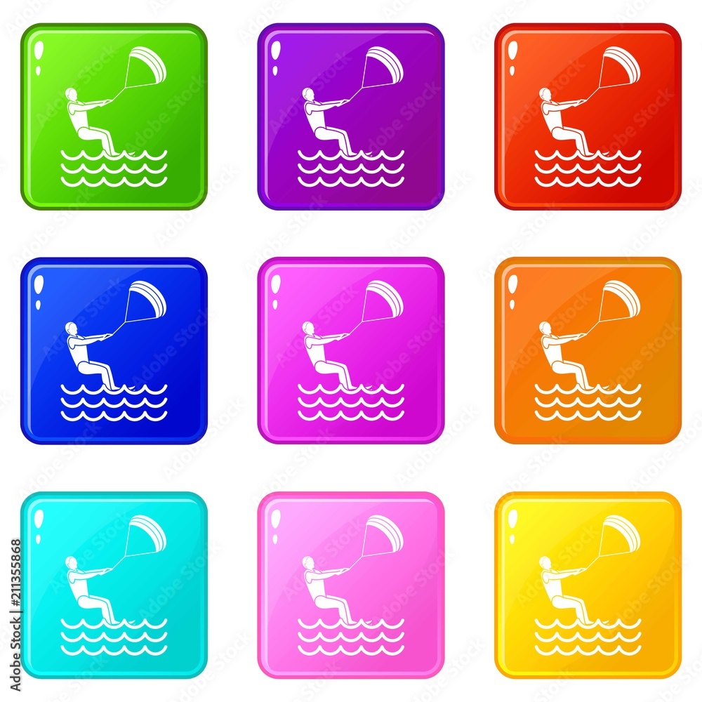 Poster man takes part at kitesurfing icons of 9 color set isolated vector illustration