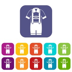 T-shirt and pants with suspenders icons set vector illustration in flat style in colors red, blue, green, and other