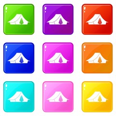 Camping tent icons of 9 color set isolated vector illustration