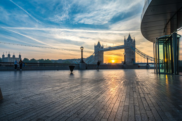 Tower Bridge at sunrise viewed from Morgan's lane in London, UK