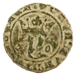Ancient medieval fleece coin of the King Juan I. Blanca. Coined in Toledo. Spain. Reverse.