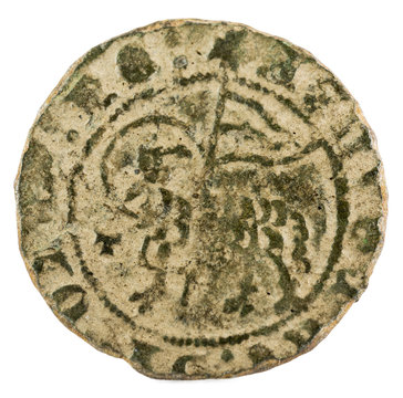Ancient medieval fleece coin of the King Juan I. Blanca. Coined in Toledo. Spain. Obverse.