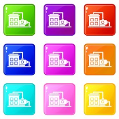 Factory building icons of 9 color set isolated vector illustration