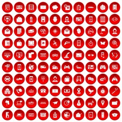 100 telephone icons set in red circle isolated on white vector illustration