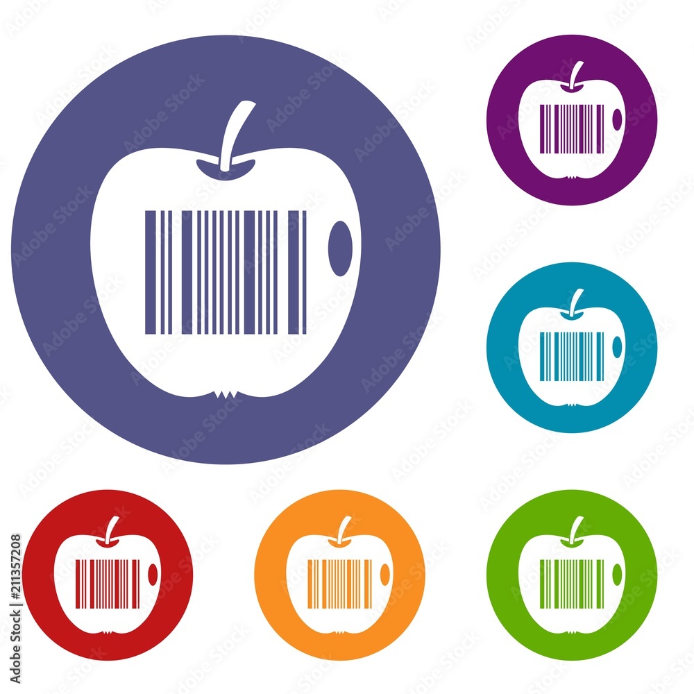 Poster code to represent product identification icons set in flat circle red, blue and green color for web