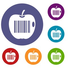 Code to represent product identification icons set in flat circle red, blue and green color for web
