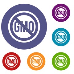 Stop GMO icons set in flat circle red, blue and green color for web