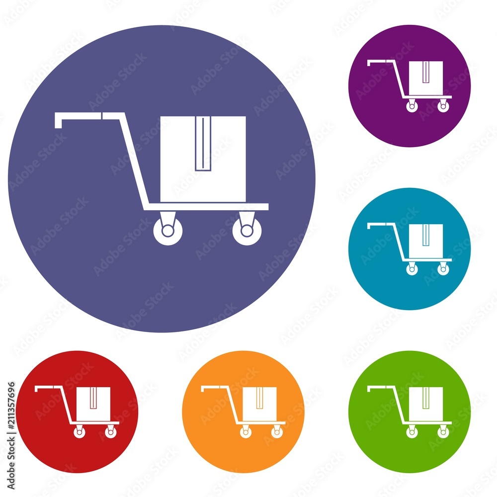 Poster delivery cart with box icons set in flat circle red, blue and green color for web