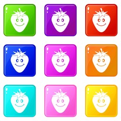Ripe smiling strawberry icons of 9 color set isolated vector illustration