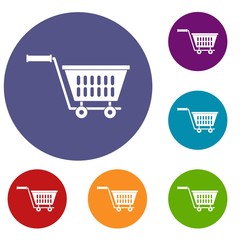 Plastic shopping trolley icons set in flat circle red, blue and green color for web
