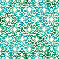 Fototapeta premium Bright curly eastern geometrical shape abstract grunge colorful splashes texture, watercolor seamless pattern design in green color palette on soft background